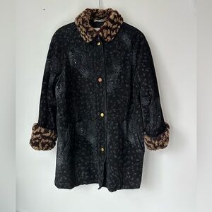 ParfaiT Leather Italy Leopard Trim Black Coat